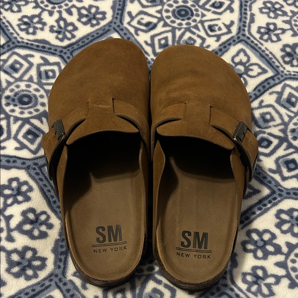 SM New York Brown Slides, Suede Slip-On Loafers with Buckle